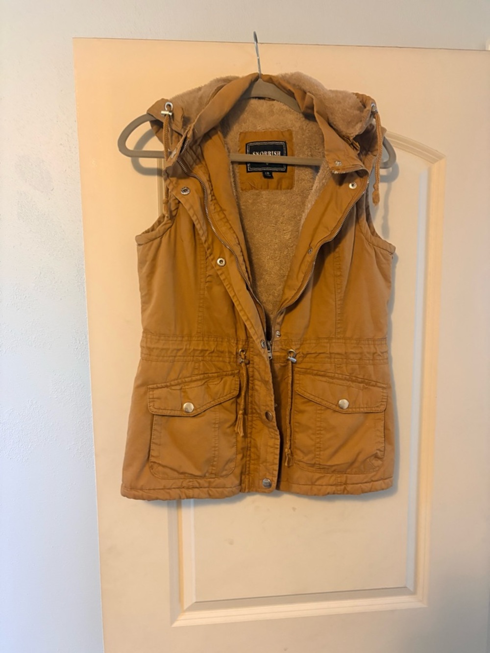 Women’s Tan Hooded Utility Vest with Faux-Fur Lining